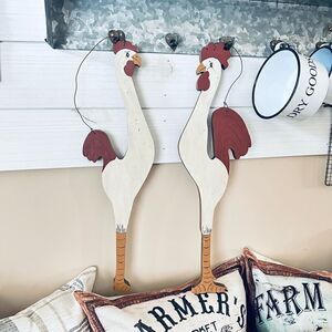 Vintage Primitive Rustic Farmhouse Hanging Wooden Oversized Chickens